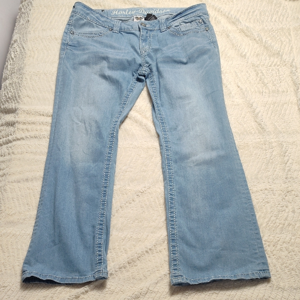 Women's Harley-Davidson Skull Embroidered Denim Blue Jeans Size 12 Petite EUC